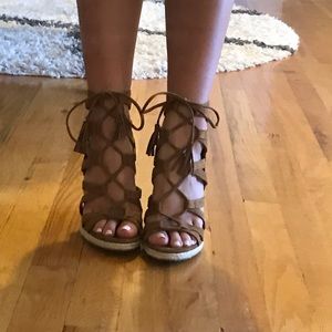 Brown Suede Lace Up Wedges